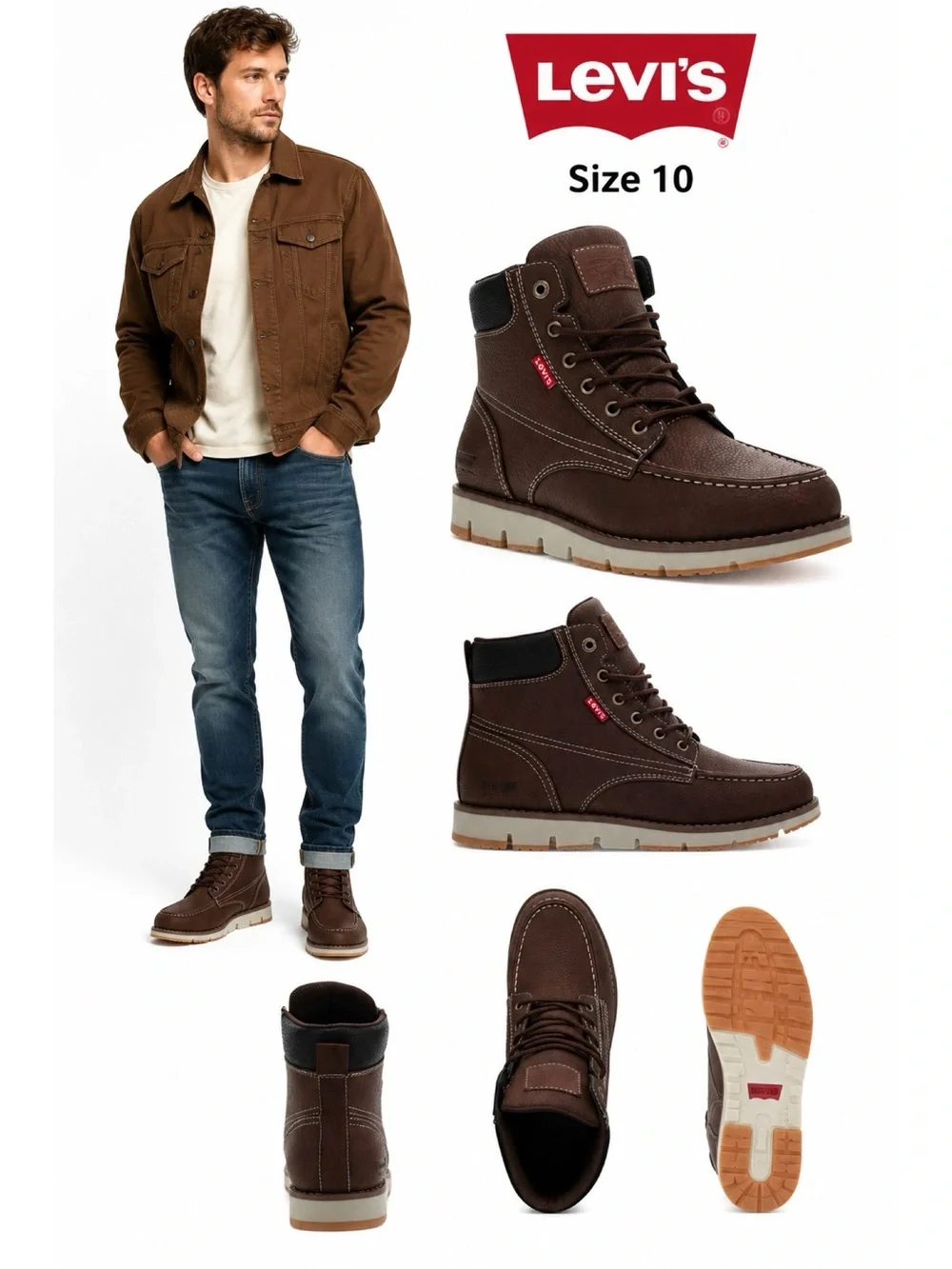 LEVI’S Men’s Brown Leather Durable Work Boots Size 10